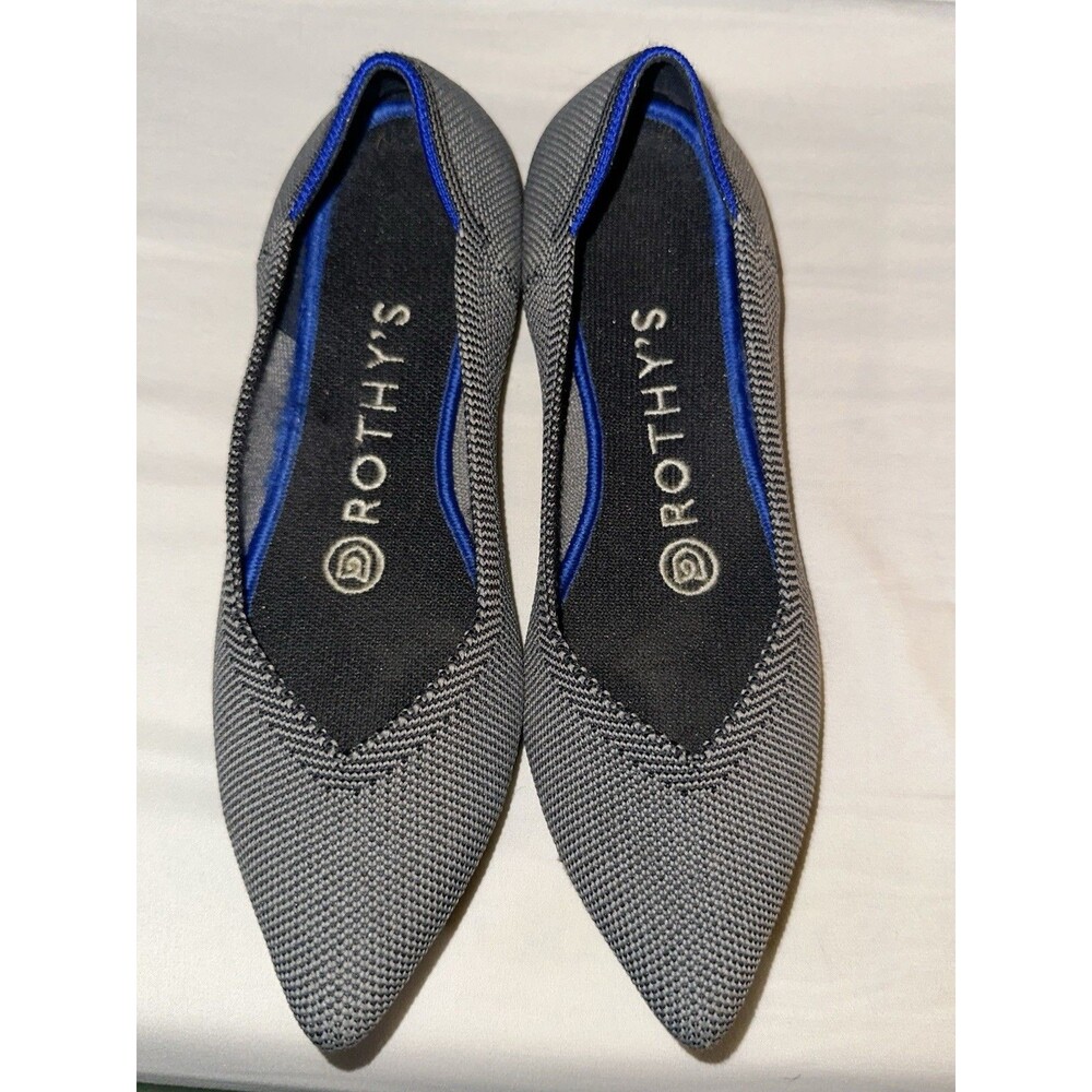 Rothy's Women's Pointed Toe Knit Slip-On Ballet Flats Gray/Blue Trim Sz W5.5